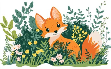 Fototapeta premium A charming fox resting among lush green foliage and vibrant wildflowers in a serene natural habitat