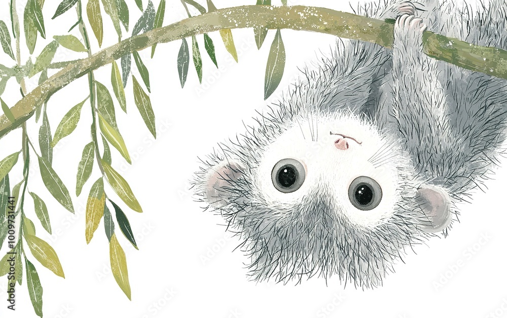 Aufkleber a playful monkey hanging upside down from a leafy branch in a tranquil forest setting during early m