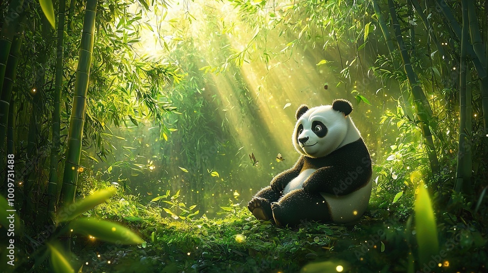 Poster pandas sitting amidst bamboo forests with sunlight filtering through the tree canopy leaves dotting 
