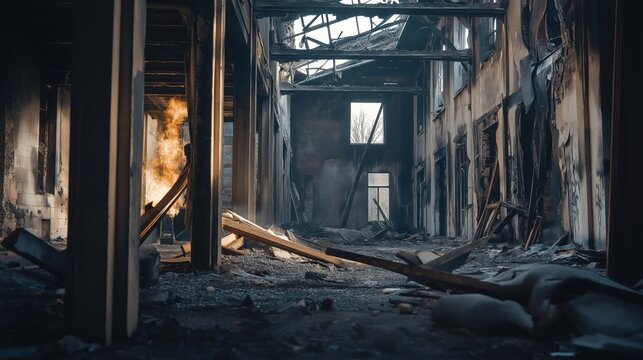 inside an abandoned building after a fire, the background is destroyed with broken wood beams