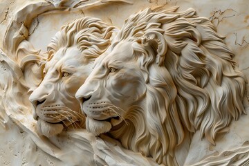 Obraz premium A captivating 3D relief wallpaper featuring stunning lions, crafted as a mural