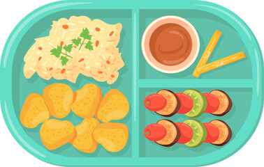 Cafeteria tray with food. School canteen plastic plate