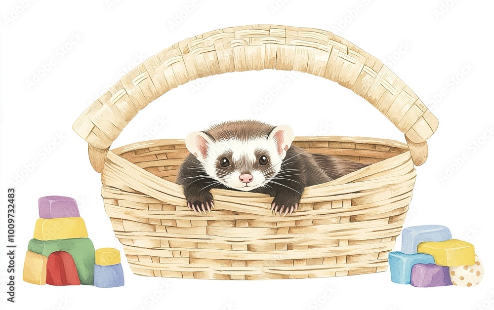 Poster a playful ferret peeks out from a wicker basket surrounded by colorful building blocks on a bright a