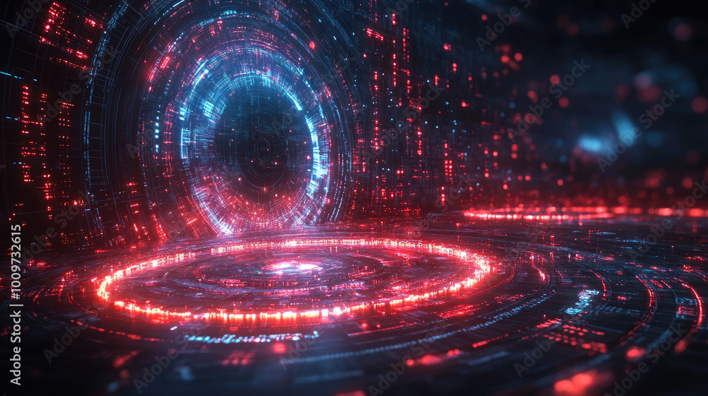 Poster a glowing portal radiates red and blue lights, creating a mesmerizing digital environment filled wit