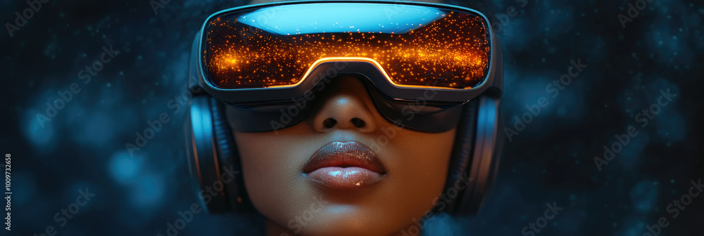 Poster the individual enjoys a virtual reality experience, showcasing advanced goggles and shimmering light