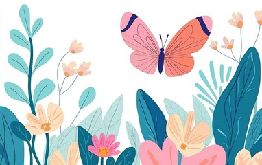 A vibrant butterfly gracefully flutters above a lively garden filled with colorful blossoms in a serene springtime setting