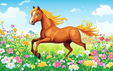 A spirited chestnut horse galloping joyfully through a vibrant meadow filled with colorful wildflowers under a bright blue sky