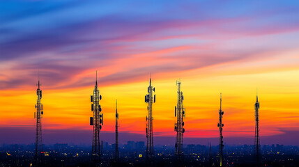 Silhouetted telecommunication towers against a colorful sunset sky.