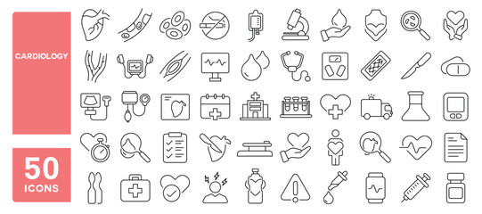 Set of 50 line icons related to cardiology, heart, attack, myocardial, infarction, rhythm, stent, aorta, pacemaker, surgery, Editable stroke. Vector illustration