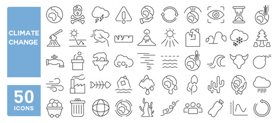 Set of 50 line icons related to climate change, disaster, global, warming, pollution, earthquake, tsunami, acidification, melting, ice, Editable stroke. Vector illustration