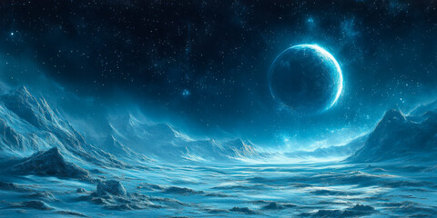 A surreal icy landscape with a large planet looming in the sky. Perfect for science fiction projects, environmental campaigns, or futuristic concepts. Useful for businesses in space exploration, techn