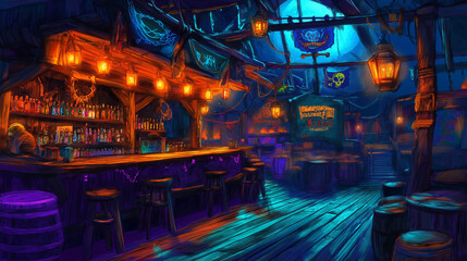 Obraz premium A dimly lit tavern with a wooden bar, glowing lanterns and an array of bottles.