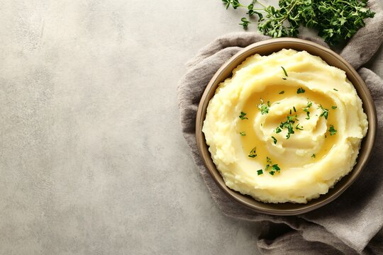 Bowl of creamy mashed potatoes with butter and herbs on a grey background.