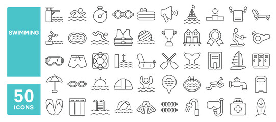 Set of 50 line icons related to swimming, pool, swimmer, river, champion, beach, tropical, sea, cap, goggles, lifeguard, Editable stroke. Vector illustration