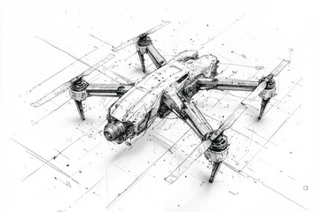 Monochrome Drone Concept: Detailed Design Sketch with Industrial Aesthetics and Sci-Fi Fantasy Vibe