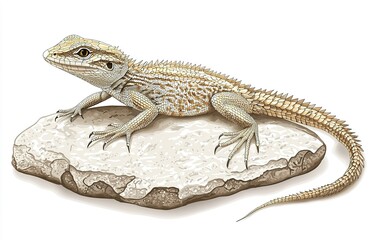 Fototapeta premium A bearded dragon basking on a flat rock under warm sunlight in a serene desert landscape
