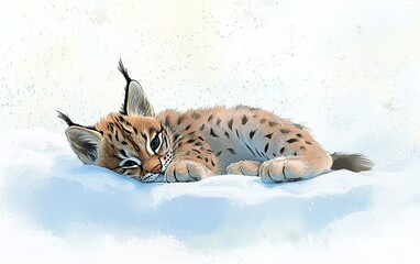 Obraz premium A serene lynx kitten resting peacefully in soft snow under gentle winter sunlight in a tranquil forest landscape