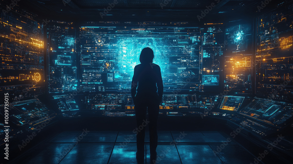 Poster a figure stands in a dimly lit control room, captivated by glowing screens displaying intricate data