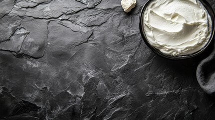 "Yogurt displayed on a black stone background."

