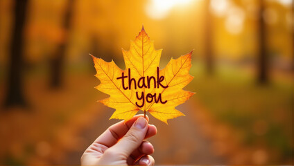 A Beautiful Autumn Maple Leaf in Hand with the Inscription "Thank You" on It, Set Against a Sunny Fall Background