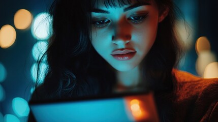 A young woman intently reading a device, illuminated by soft, colorful lights.