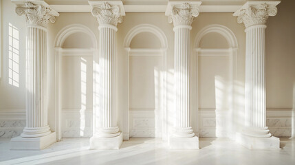Naklejka premium Classic white columns and elegant architecture in a bright, spacious interior setting