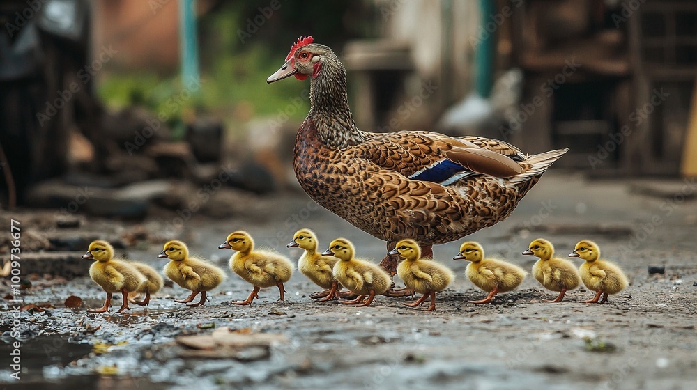 Poster mother duck with ducklings on a dirty road in front of a group of ducks on the side