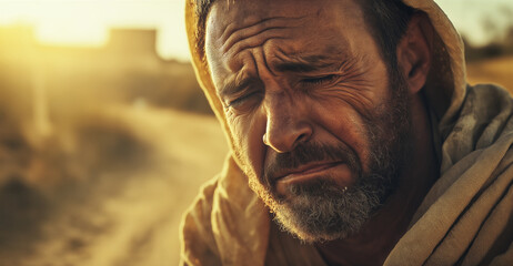 Man  israelite crying while walking in a desert road. Ancient days in Israel year of 10 B.C.