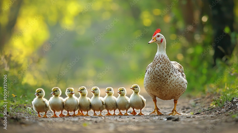 Poster a flock of ducks huddled together on a dusty path near an assembly of ducklings