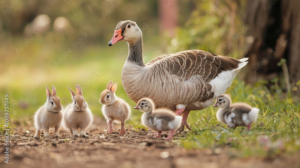 Poster a mother duck with her ducklings on a dirt path in a green field with a tree in the distance