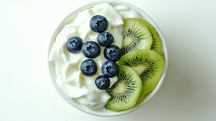 "Refreshing Delight: White Yogurt Topped with Blueberries and Kiwi"
