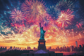Fourth of July Spectacular: Manhattan Skyline with Statue of Liberty, USA Flag, and Fireworks at Sunset