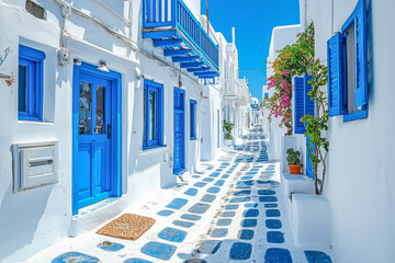 Charming Greek village scene: Quaint blue and white cobblestone street lined with traditional houses in Mykonos Island, Greece.