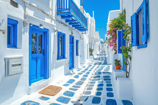 Fototapeta Charming Greek village scene: Quaint blue and white cobblestone street lined with traditional houses in Mykonos Island, Greece.