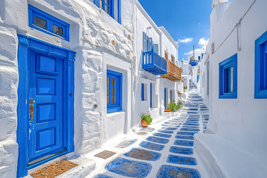 Fototapeta Charming Greek Village: Picturesque Cobblestone Streets and Traditional Blue and White Houses in Mykonos, Greece