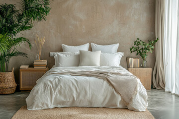 Chic Hotel Room Vibes: Luxurious Bedroom Interior with Bed, Nightstand, Books, and Mock-Up Wall