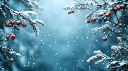 Snowy Evergreen Trees With Red Berries Winter Wonderland Scenic View Magical Background