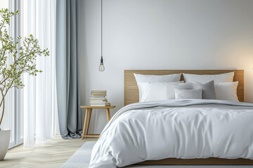 Fototapeta premium Elegant Hotel Bedroom Design with Bed, Nightstand, Books, and Mock Up Wall: A Stylish Interior Inspiration