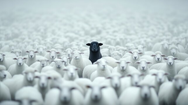 Surreal image of a lone black sheep standing out in the middle of a dense white sheep flock, representing individuality, contrast, and distinctiveness in a misty environment