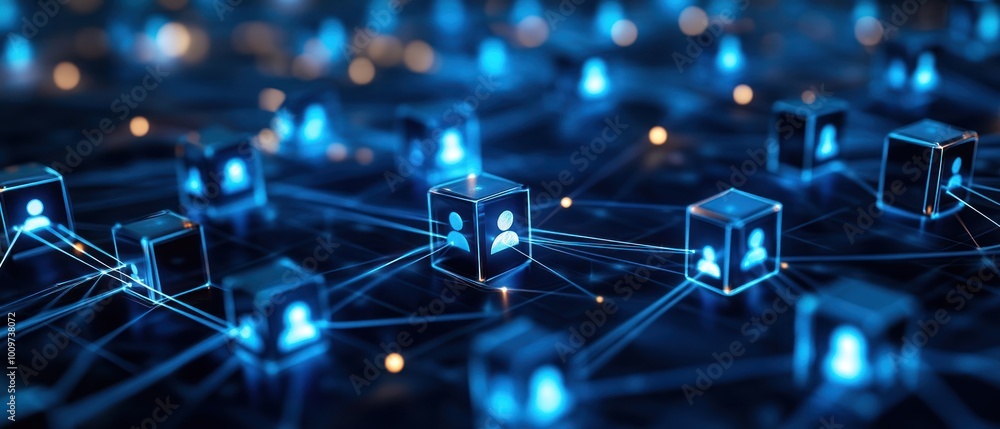 Poster social network of digital nodes representing secure, decentralized transactions and communication sy