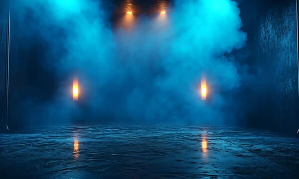 A dark empty street, dark blue background, an empty dark scene, neon light, spotlights The asphalt floor and studio room with smoke float up the interior texture. night view Video