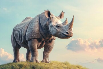 Naklejka premium Majestic Rhino Standing on Hill Against Sky Background