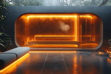 A modern, luxurious sauna nestled in a tropical jungle setting at night