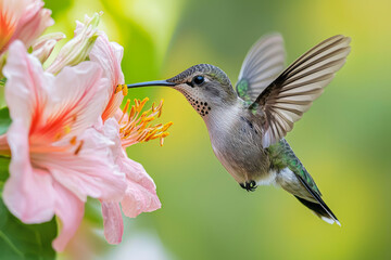 Naklejka premium Vibrant Macro Photography: Capturing a Hummingbird Pollinating a Flower in Exquisite Detail and Colorful Texture