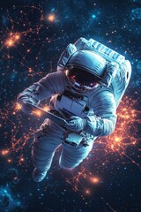 Fototapeta premium Astronaut floating in space using digital tablet with glowing network of connections and stars in the background