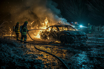 Firefighters extinguish blazing car wreck under the moonlight with powerful hoses as fire engines watch on in the distance