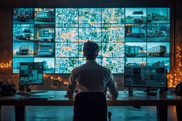 Cutting-Edge Global Logistics Hub: Diverse Team Monitors Delivery Fleet with Satellite Tech, Real-Time CCTV, and City Map Display.