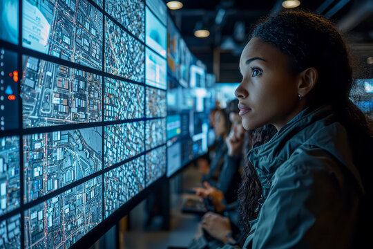 Cutting-Edge Global Logistics Hub: Diverse Team Monitors Delivery Fleet with Satellite Tech, Real-Time CCTV, and City Map Display