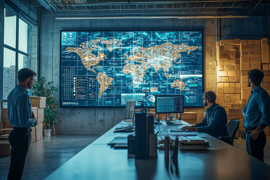 Cutting-Edge Global Logistics Hub: Diverse Team Utilizing Satellite Tech to Monitor Delivery Fleet on City Map with Live CCTV Feed & Reports.