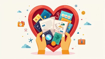 Hands holding travel documents and maps in a heart-shaped arrangement symbolizing love for travel